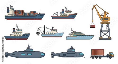 Pixel Art Collection of Ships, Boats, Submarines, Crane and Truck with Container