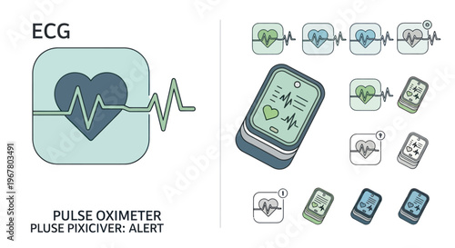 ECG Heartbeat Monitor Pulse Oximeter Icons Set