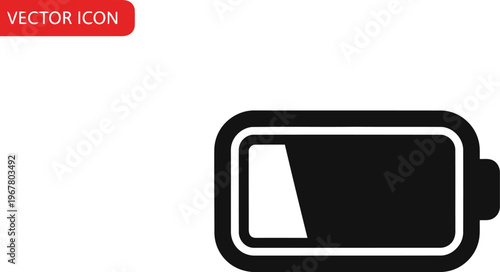 Black battery icon showing low energy level isolated on white background for charging power indicator vector graphic