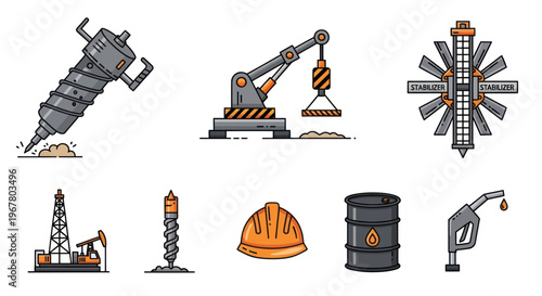 Oil and Gas Industry Icons: Drilling, Extraction, and Fueling Equipment