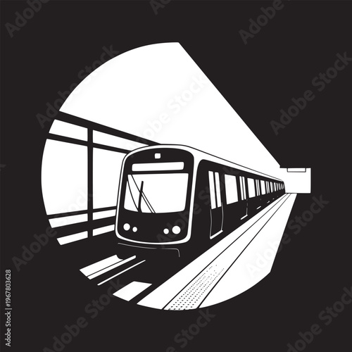A stylized monochrome illustration of a subway train arriving at a station with platform view
