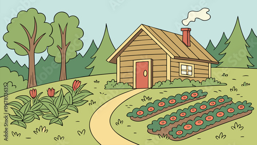 Cozy farmhouse with vegetable garden and rural path in countryside scenery. Rustic farm lifestyle illustration perfect for agriculture themes, eco living, and nature backgrounds.