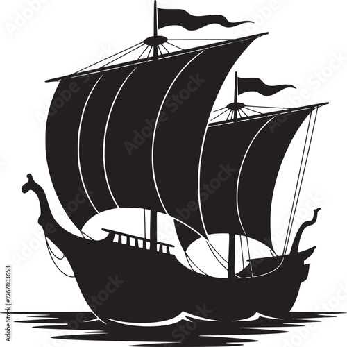 Silhouette of a sailing ship with two masts and billowing sails on a white background illustration