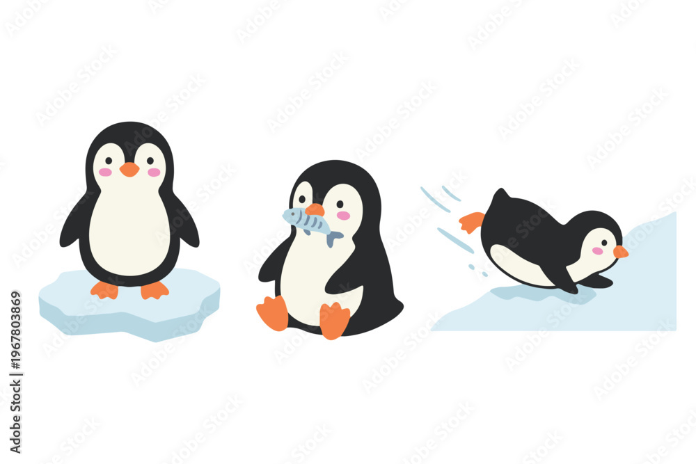 Obraz premium Cute baby penguin collection standing eating fish and sliding in scandinavian style vector