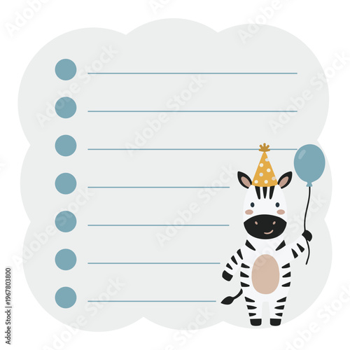 Scandinavian nursery memo pad template with cute baby zebra holding balloon and party hat