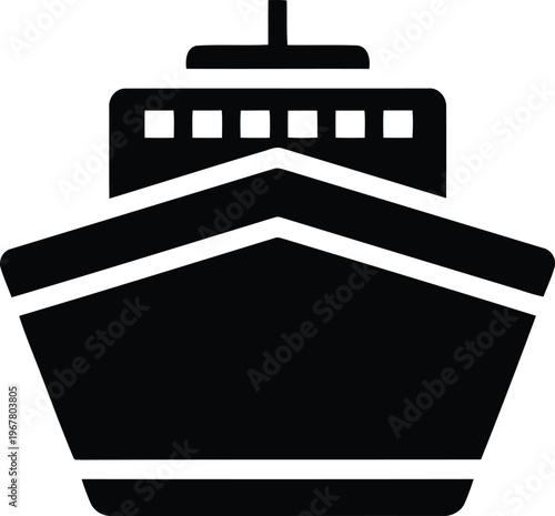Front view of a black cruise ship silhouette on a transparent background traveling on water symbolizing global voyage and sea transport vacation