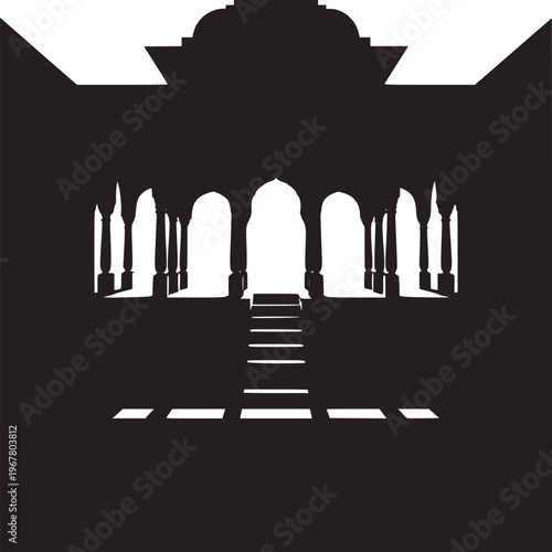Silhouette of an arched building with columns and stairs leading to a bright opening in the center
