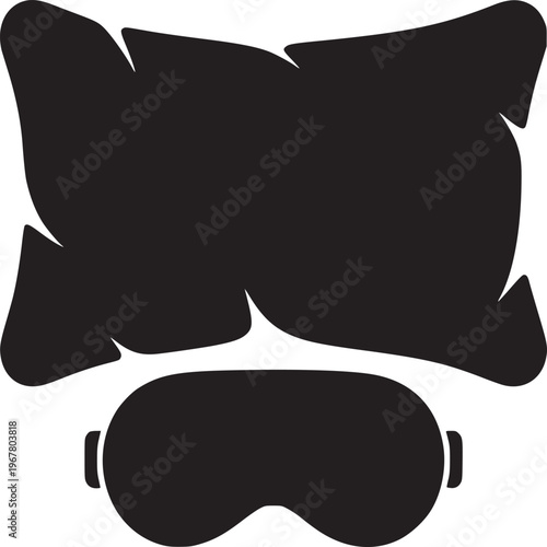 A black and white minimalist illustration of a pillow and a sleep mask for restful sleep time