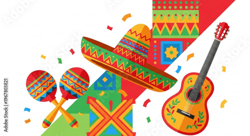 Vibrant mexican fiesta elements with sombrero guitar and maracas on white background with colorful confetti