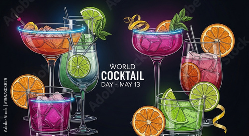Vibrant cocktails with colorful garnishes and ice on black background for world cocktail day