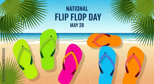 Vibrant flip flops on sandy beach with palm trees for national flip flop day on may 28