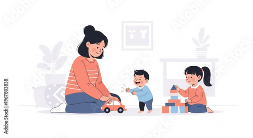 Mother and children playing with toys on living room floor happy family moment with blocks and car