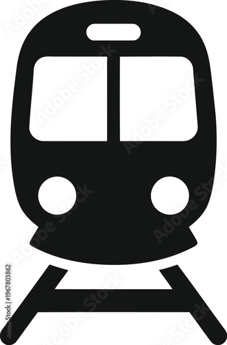 Front view of a black modern train silhouette on transparent background symbolizing fast rail transport and urban rapid transit system for travel