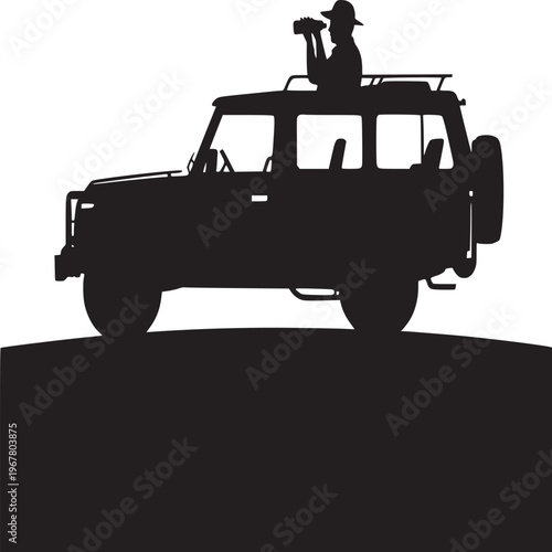 Silhouette of a person with binoculars on top of a vehicle against a white background in a dark setting