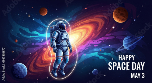 Astronaut in space suit floats in front of vibrant galaxy background on space day