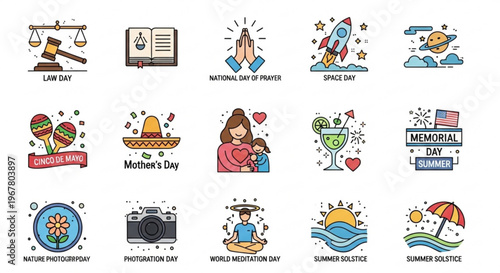 Collection of colorful flat design icons for various holidays and celebrations