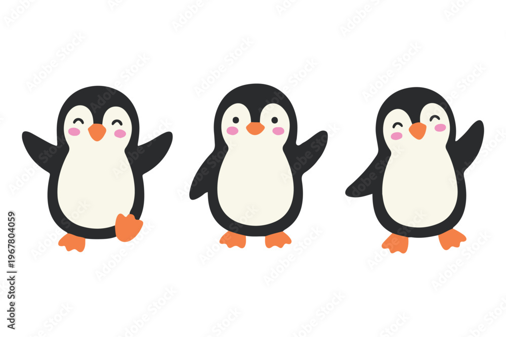 Fototapeta premium Set of cute happy baby penguin characters waving and dancing in scandinavian style