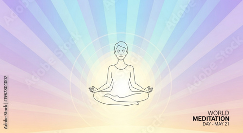 Person meditating in lotus position with rainbow background and sunburst world meditation day symbol