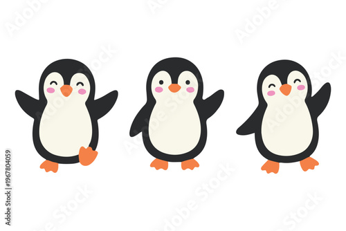 Set of cute happy baby penguin characters waving and dancing in scandinavian style