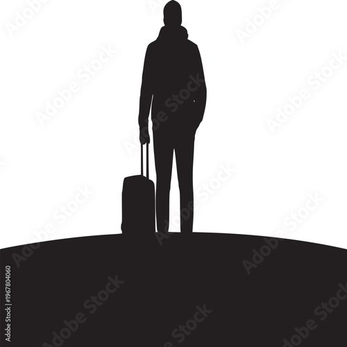 Silhouette of a person with luggage overlooking a city skyline on a white and gray background view