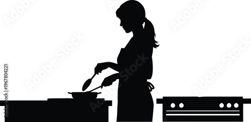 Silhouette of a woman in an apron cooking on a stove with utensils in a kitchen environment against a gray checkered background