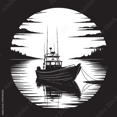 A monochrome illustration of a fishing boat on calm water with trees and clouds in the background