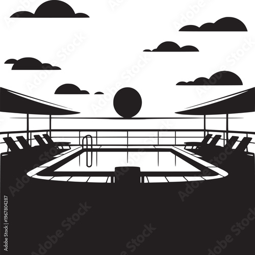 Black and white illustration of a swimming pool with lounge chairs and clouds in the background
