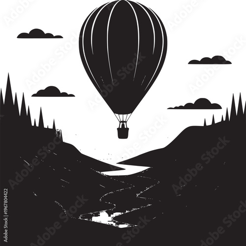 A black and white illustration of a hot air balloon over a mountainous landscape with a river flowing through it