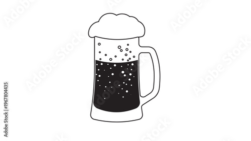 Mug of dark beer with foamy head and bubbles, minimalist black and white illustration on a plain background.