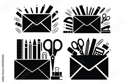 Black and white of envelopes with office supplies stationery