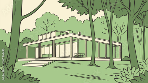 Modern house with large windows surrounded by green forest scenery. Clean architectural landscape illustration ideal for eco home concepts, real estate, and minimal backgrounds.