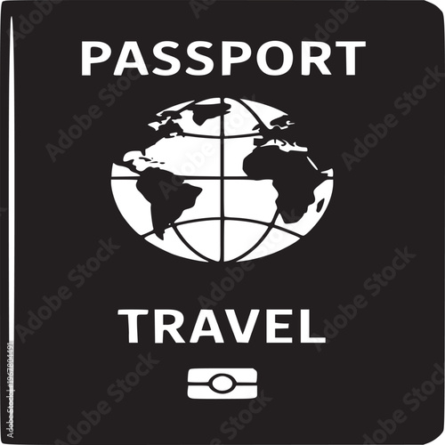 A black passport cover with the words passport and travel and a globe image in the middle of it