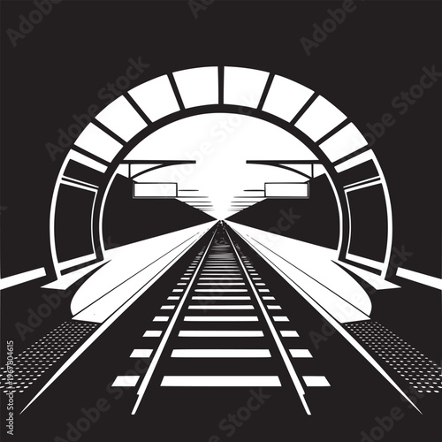 A black and white depiction of a train station with tracks receding into the distance and a tunnel arch