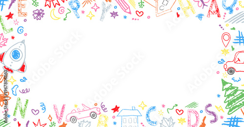 Hand drawn border with rough pencil strokes and pastel tones. Crayon kindergarten frame ideal for certificates, kids photos and school use.