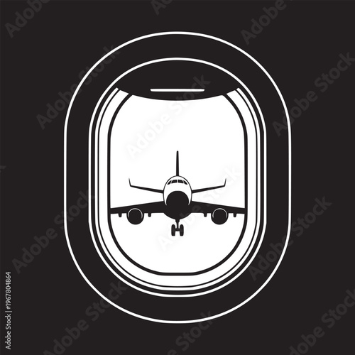 Airplane silhouette viewed through a window on a black background in a graphic design style