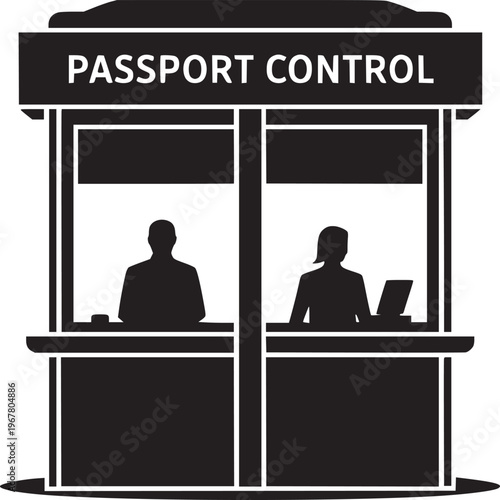 Passport control booth with two silhouettes of officers in black and white illustration style