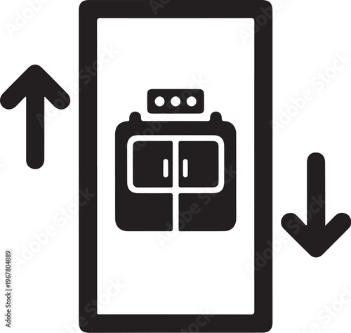 Mobile phone icon, swipe gesture, black and white vector graphic, user interface element