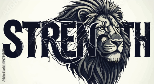Lion head appears alongside the word strength in a bold and stylized typography.