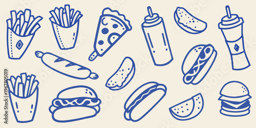 A collection of hand drawn fast food items in blue line art