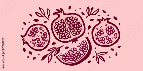 Stylized illustration of pomegranates with leaves and scattered seeds