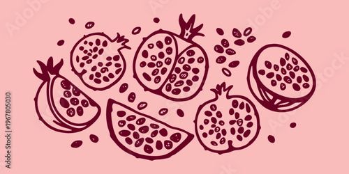 Stylized illustration of sliced pomegranates and scattered seeds on pink