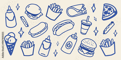Hand drawn illustration of various fast food items and drinks