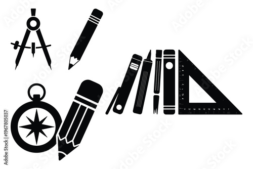 Black silhouette tools compass pencils