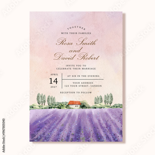wedding invitation with lavender field landscape watercolor