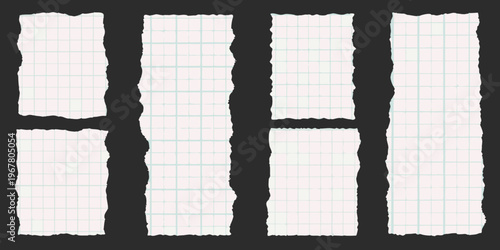 Torn notebook paper sheets arranged on a black background