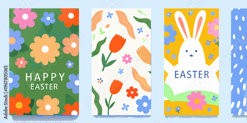 Four brightly colored easter themed rectangular bookmark designs arranged together