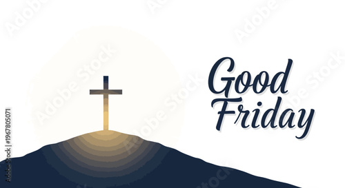 Illustration of a cross on a hill with a glowing light, representing Good Friday, a Christian religious holiday commemorating the crucifixion of Jesus Christ.