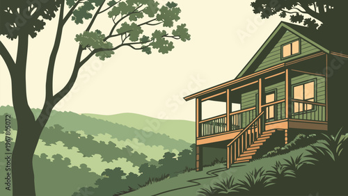 Modern wooden cabin on green hillside with trees and nature view. Minimal countryside illustration ideal for real estate design, eco housing concepts, and outdoor backgrounds.