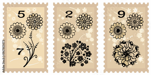Vintage postage stamps featuring floral designs and numerical markings