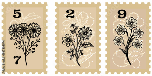 Vintage postage stamps featuring floral designs and bold numbers